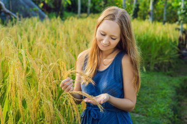 Genç kadın bitki olmayacak pirinç alan güneş ışığı ile poz