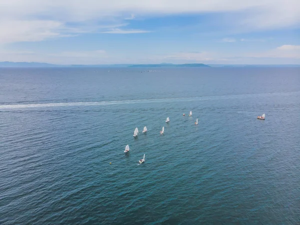 Sailing boat from drone at windy day — Stock Photo, Image