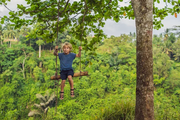Мальчик Качелях Тропическом Лесу Кампуханском Хребте Прогулка Убуде Бали — стоковое фото
