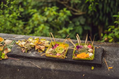 Bali dili hindu teklifleri canang taş masanın üstünde, Bali, Endonezya denir.