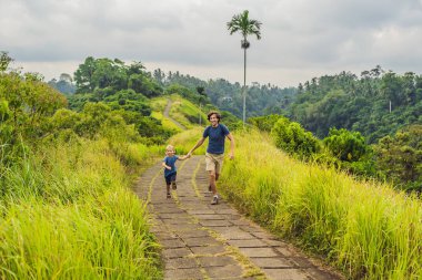 Baba ve oğul turist Campuhan Ridge yürümek, Ubud, Bali adlı çalışan