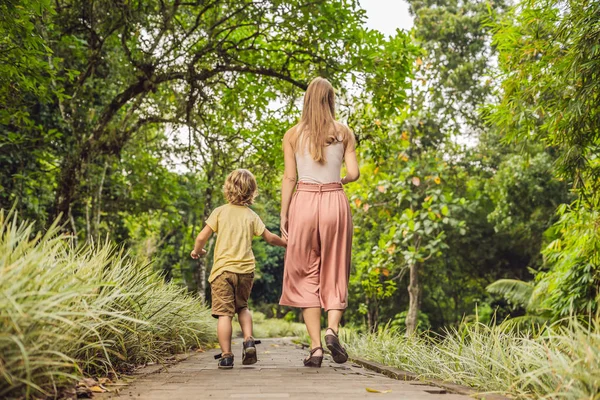 Μαμά Και Γιος Είναι Περπάτημα Στο Τροπικό Πάρκο — Φωτογραφία Αρχείου