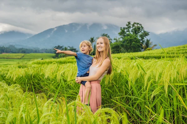 Moeder Zoon Reizigers Die Zich Voordeed Jatiluwih Rijstvelden Bali Indonesië — Stockfoto