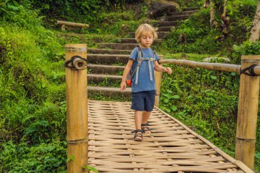 Dokuma bambu köprü Bali Adası üzerinde yürüyen çocuk
