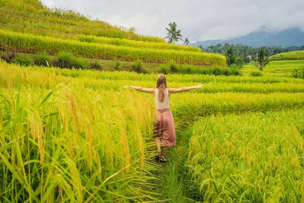 Młoda Kobieta Podróżnik Spaceru Jatiluwih Tarasy Ryżowe Bali Indonezja — Zdjęcie stockowe