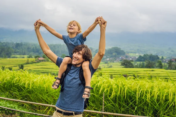 Táta Syn Cestující Vystupují Jatiluwih Rýžové Terasy Bali Indonésie — Stock fotografie