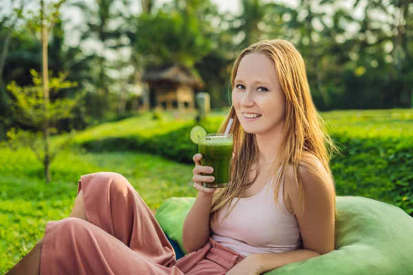 Mulher Nova Com Suco Legumes Verde Fresco Sentado Livre Vegetação — Fotografia de Stock