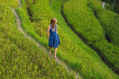 Tegalalang Teras Bali, Endonezya, bir yeşil cascade pirinç alan çiftlikte Genç kadın.