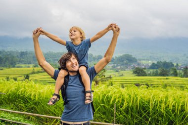 Baba ve oğul yakınındaki güzel Jatiluwih pirinç terasları ve volkan Bali, Endonezya
