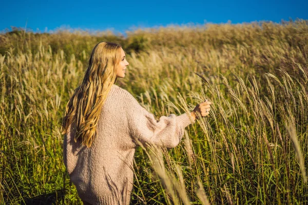 Giovane Bella Donna Toccando Spuntoni Grano Campo — Foto Stock