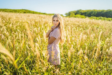 Güneşli gün alanında poz genç güzel kadın