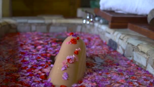 Slowmotion shot of a woman taking a bath with flower petals after spa procedure — Stock Video