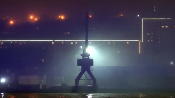 Silhouette of a crane in the port at night. Concept night loading and unloading. Concept of round-the-clock work of the port — Stock Video