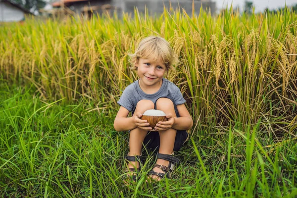 Хлопчик Тримає Дерев Яну Миску Вареним Рисом Полі — стокове фото