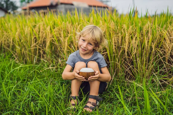 Niño Sosteniendo Tazón Madera Con Arroz Hervido Campo — Foto de Stock