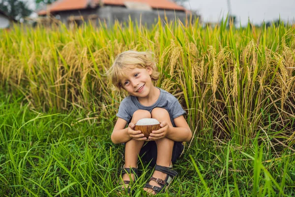 Niño Sosteniendo Tazón Madera Con Arroz Hervido Campo — Foto de Stock