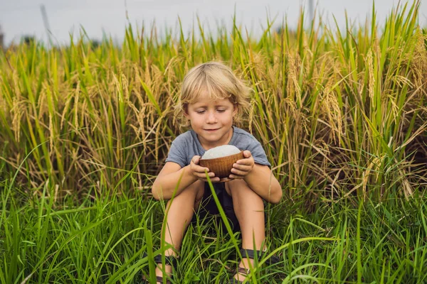 Ahşap Kase Haşlanmış Pirinç Ile Alanında Tutan Çocuk — Stok fotoğraf