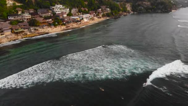 Aerial slowmotion skott av en spot surfing på en tropisk ö i solnedgången — Stockvideo