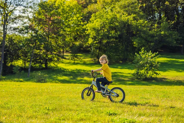 Ενεργό Αγόρι Έχοντας Διασκέδαση Στο Πάρκο Και Ιππασία Ποδήλατο Στην — Φωτογραφία Αρχείου