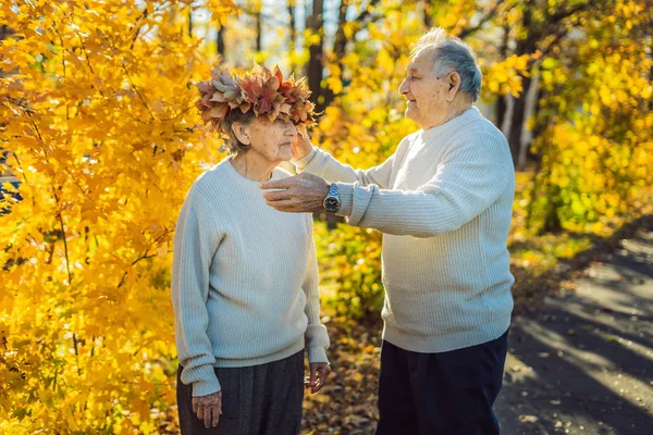 Felice Coppia Anziana Divertirsi Parco Autunnale — Foto Stock