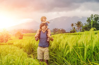 Baba oğul Bali, Endonezya ünlü volkanlar yakınındaki Jatiluwih pirinç terasları ile yolculuk ederken omuzlarında taşıyan. 