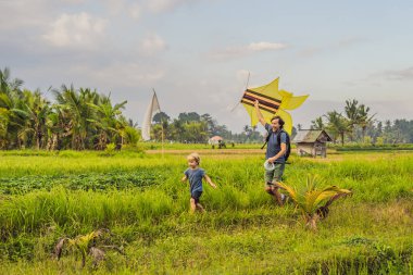 Baba ve oğul uçurtma bir pirinç alan Ubud, Bali Adası, Endonezya içinde başlatılması. 