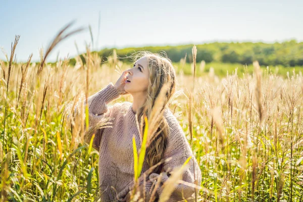 Młoda piękna kobieta w jesień krajobraz z suchych kwiatów, pszenicy kolce. Moda Jesień, zima. Słoneczny, przytulne swetry jesień. Fotografia mody — Zdjęcie stockowe