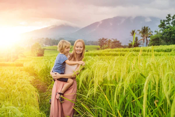 Mom and son standing in beautiful Jatiluwih Rice Terraces in Bali, Indonesia.