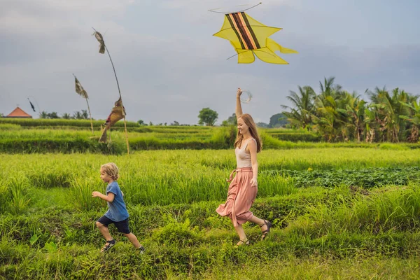 Anne Oğlu Uçurtma Bir Pirinç Alan Ubud Bali Adası Endonezya — Stok fotoğraf