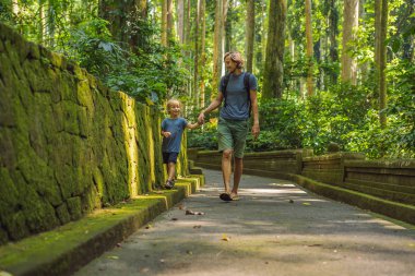 Baba ve oğul maymun orman, Bali, Endonezya'da Ubud ormanda keşfetmek. 