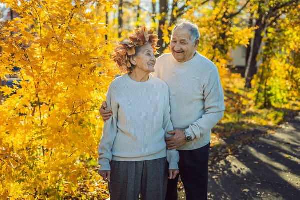 Šťastné staré pár bavit v podzimním parku. Starší muž na sobě věnec podzimní listy na jeho starší žena — Stock fotografie