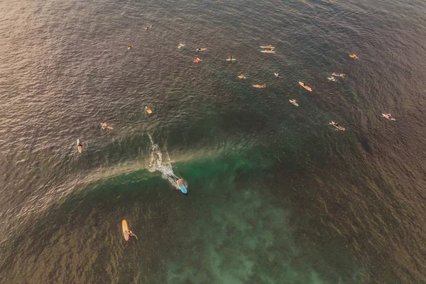 Vista Alto Ângulo Dos Surfistas Água Oceano Pela Praia Costeira — Fotografia de Stock