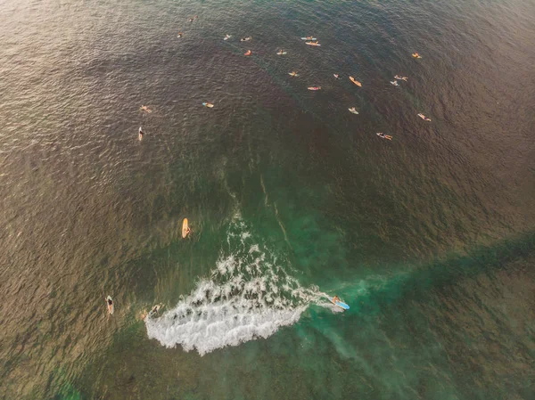 Vista Alto Ângulo Dos Surfistas Água Oceano Pela Praia Costeira — Fotografia de Stock