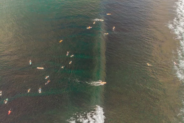 Luftaufnahme Von Menschen Die Tropenresort Auf Wellen Ozeanwasser Surfen — Stockfoto