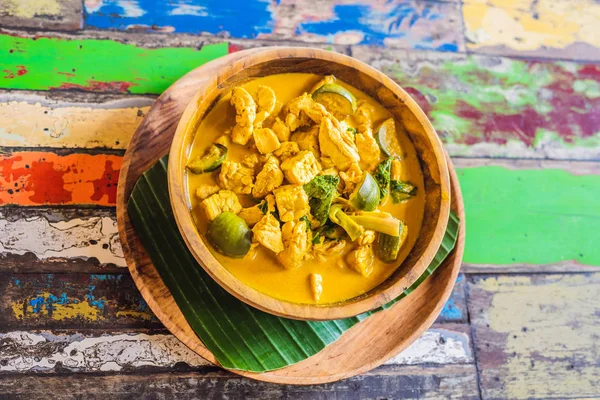 High Angle View Vegan Green Coconut Curry Tofu Served Table — Stock Photo, Image