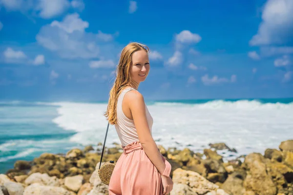 Young Female Tourist Posing Tropical Melasti Beach Bali Island Indonesia — Stock Photo, Image