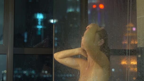 Young Woman Taking Shower Bathroom Window Nighttime — Stock Video