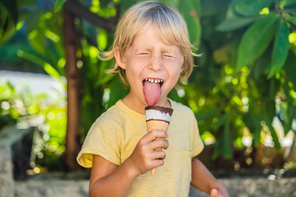 Happy Little Boy Licking Ice Cream Waffle Cone — Stock Photo, Image