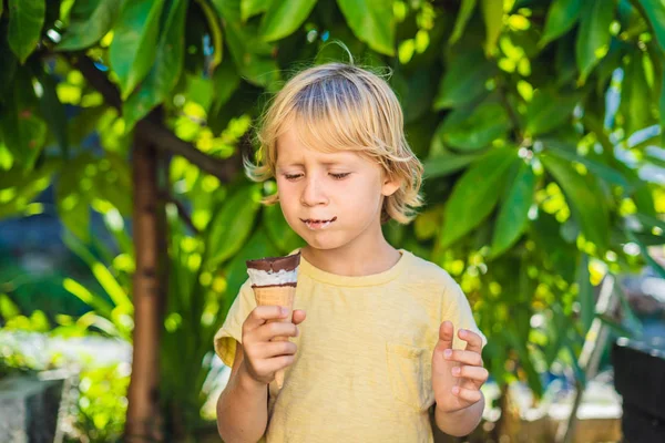 Feliz Niño Comiendo Helado Cono Gofre — Foto de Stock