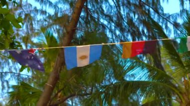 tropikal bir arka plan üzerinde farklı ülkelerin bayrakları