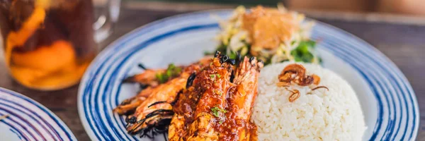 Close Grilled Prawns Fresh Grilled Shrimps Cooking Seafood Rice Bali — Stock Photo, Image
