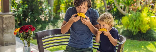 Famille de deux mangeant le petit déjeuner bien servi dehors beau jeune homme versant du café et son fils mignon mangeant de délicieux fruits à l'heure du petit déjeuner BANNER, FORMAT LONG — Photo