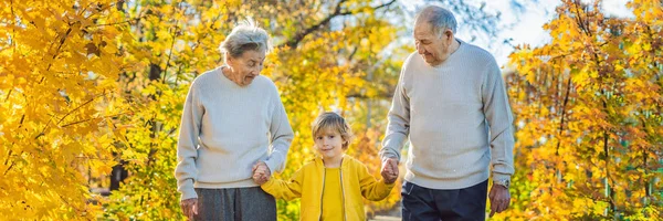 Coppia anziana con nipotino nel parco autunnale. bisnonna, bisnonno e pronipote BANNER, FORMATO LUNGO — Foto Stock