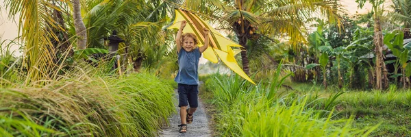 Çocuk Pirinç Alan Ubud Bali Adası Endonezya Uçan Uçurtma Başlatma — Stok fotoğraf