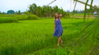 Bir güzel pirinç alan kenarında yürüyen genç bir kadın görüntüsünü Slowmotion