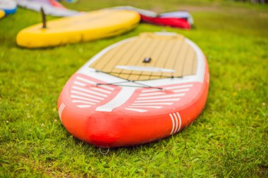 Nehir, göl ya da deniz çim üzerinde yalan panoları sup