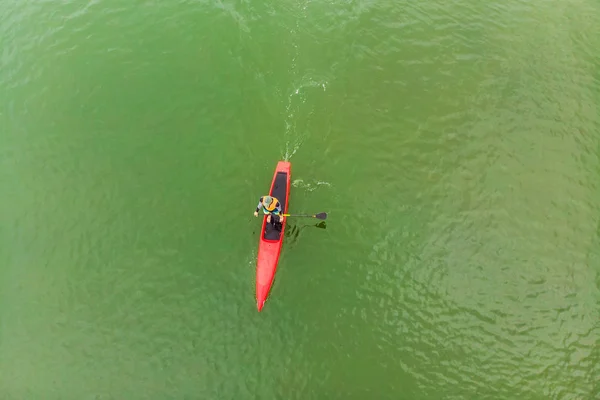 Luftaufnahme Einer Person Die Auf Einem Surfbrett Der Bucht Schwimmt — Stockfoto
