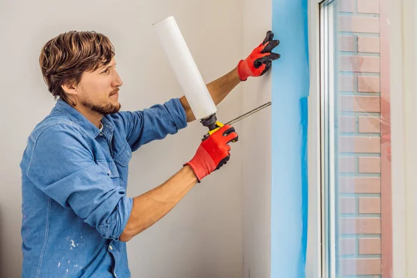 Man Blue Shirt Using Power Tool Window Installation — Stock Photo, Image