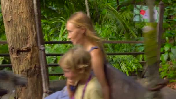 Den unga kvinnan och hennes son gunga på stora svängningar i en tropisk trädgård. — Stockvideo