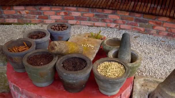 Steadycam Tiro Coleção Temperos Cozinha Tropicais Taças Pedra — Vídeo de Stock